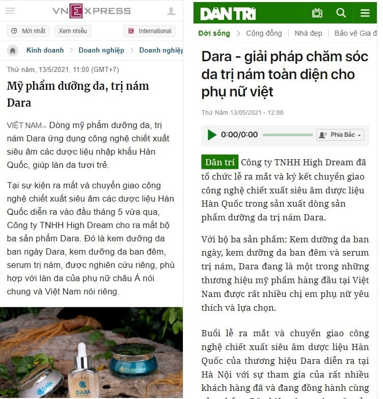Báo chí đưa tin về bộ mỹ phẩm Dara